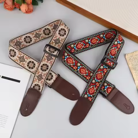 ★▲Guitar Strap Bass Cotton Leather Embroidery Straps Adjustable Neck Strap Electric Acoustic Guitar 
