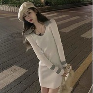 修身长袖性感包臀polo針織連衣裙