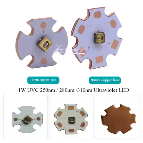 1PCS 1W UVC UV-C LED 3838 250nm 270nm 310nm DC5-7V 150mA Ultra Violet Lamp with 16mm/20mm PCB Copper