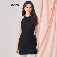 FD2 Lovito Casual Plain Pearls Rhinestone Party Dress Dress for Women L70AD098 (Black) Lovito Dress Casual Plain Pearls Rhinestone Party Dress for Women