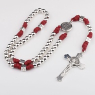 Vintage Alloy Cross Saint Benedict Pendants Exorcist Men's Braided Rope Cold Wind Prayer Bead Neckla