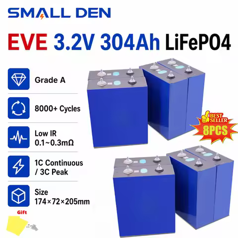 8pcs NEW 3.2V 304Ah EVE Lifepo4 battery 3C Lithium Iron Phosphate Grade A DIY 4S 8S 12V 24V 48V E-ca