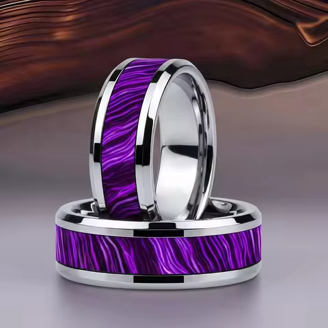 8MM Purple Men's Abalone Shell Inlay Rings Gold Color Stainless Steel Rings Wedding Engagement Party