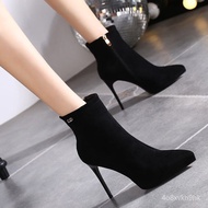 Ouyao Korean Style Suede Dr. Martens Boots Women's Autumn and Winter New Pointed High Heels Stiletto Heel Ankle Boots Fl