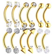 12 Piece/lots Stainless Steel Zirconia Curved Barbell Eyebrow Piercing 16Gauge