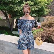 Korean Style Women Short Sleeves Prints Waist Wide Leg Shorts Jumpsuit Women Clothes