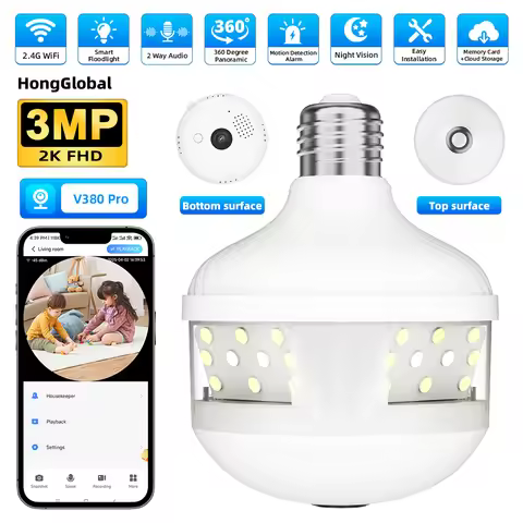 New V380 Pro APP Floodlight Wireless WiFi 360 Degree Fisheye Panoramic Light Bulb CCTV Security Came