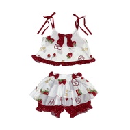 Jilneed Women's Cute Pajama Set Teens Lolita Kawaii Strawberry Print Cami Crop Top and Pj Shorts 2 P