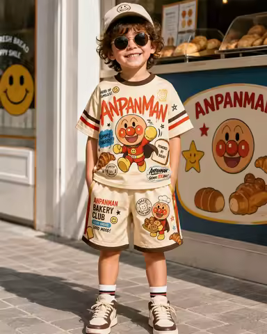 Vintage Bakery Club Anpanman Cartoon Satin Kids Set Short Sleeve T Shirt Shorts 2 Pieces Summer Brea