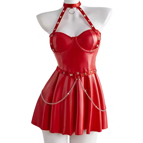 Underwear Lingerie Women Halter Neck Dress Faux Pu Leather Backless Short Exotic Dress Metal Chain D