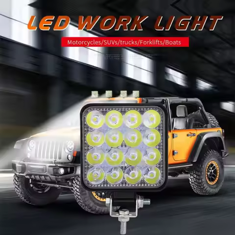 48W Mini Square LED Work Lights - 16LED Floodlights for Off-Road, Trucks & SUVs, White 6000K, Hardwi