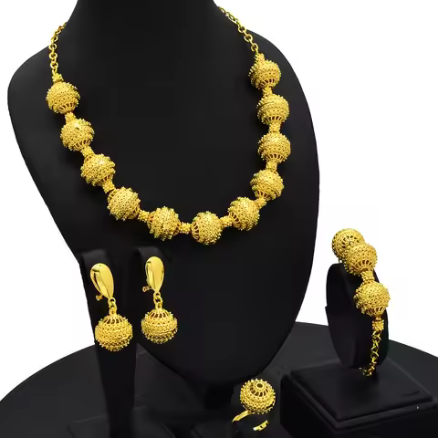 Large Bead 4-Piece Set Wedding Women 24K Gold AU999 - Bridal set, plump round beads, pure gold for d