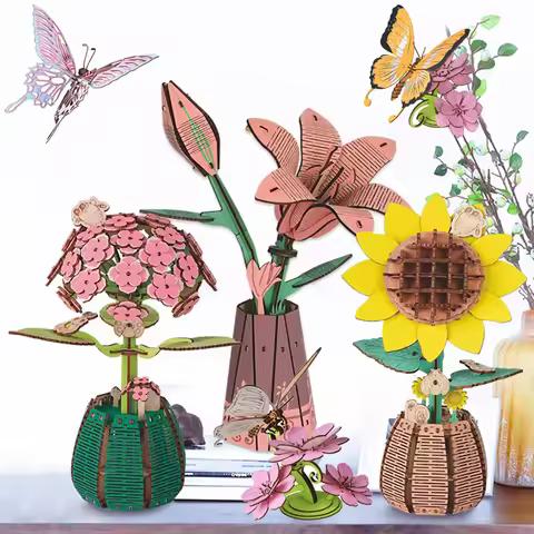 3D Wooden Puzzle Flowers Bouquet Wooden Bloom Craft Model Kits Eternal Flowers Sunflower Romantic Gi