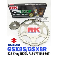 RK Sprocket Set SUZUKI GSX-8S GSX-8R 525 GB KRX X-Ring Black Gold Chain Rantai Xring GSX8S GSX8R 8S 