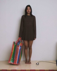 Mira Bangkok Espresso dress ชุดเดรสสั้นแขนยาวดีเทลผูกโบว์ด้านหลัง