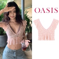 Miko  พร้อมส่ง💗✨เสื้อครอป เสื้อลูกไม้คอวีลึกซีทรูเซ็กซี่ ลายดอกไม้ แขนตุ๊กตา สีชมพูสุดฮอต สไตล์ฝรั่ง