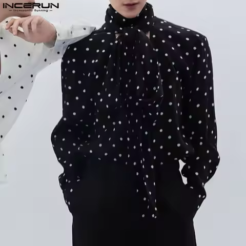 Vintage Men Shirts Long Sleeve Spring Tops Tee Polka Dots Print V Neck Tops Buttons Streetwear Overs