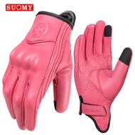 SUOMY Lady Pink Retro Leather Motorcycle Gloves Women Touchscreen Motocross Gloves Hard Shell Protec