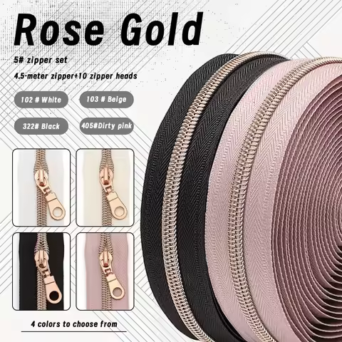 A set = 450cm zipper + 10 zipper head, 5 #rose gold tooth zipper, 4 colors optional, with rose gold 