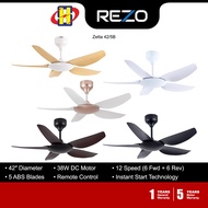 Rezo Ceiling Fan (42 Inch)(Matt Black/Matt White/Dark Wood/Light Wood/Rose Gold) 5 Blades 12-Speed Ceiling Fan ZETTA 42/5B