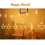 Diwali Curtain Strings Lights LED Diya Light for Deepavali Decoration for Wall Window Party (Battery)