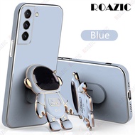 ROAZIC For Samsung Galaxy S24 S22 S21 Plus + Ultra S23 S20 S21 FE 5G Phone Case With Astronaut Holder Straight Plating Edge Casing Soft Silicone Stand Back Cover