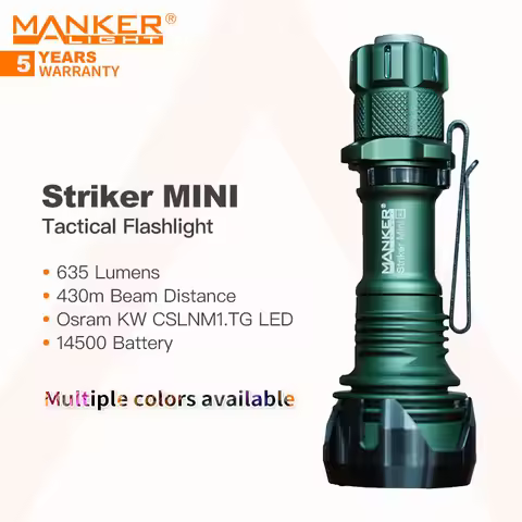 Manker Striker MINI Rechargeable Tactical Flashlight, 635 Lumens 430m Beam Throw, 14500 Battery, Mul