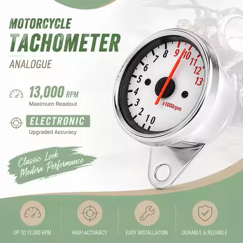 Universal 13000 RPM Inductive Tachometer White Face Pointer RPM Meter Halogen Backlight Motorcycle