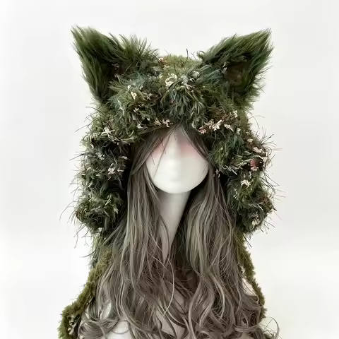 Custom Handmade Crochet Moss Green Fox Ear Hat Women Plush Floral Knitted Beanie Men Goblincore Cosp