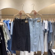 Rok Jeans High Waist A-Line Midi Wanita Gaya Korea Trendi 2024 - Hitam/Putih/Biru