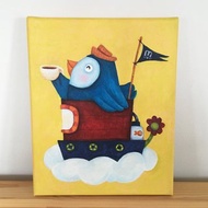 Mini acrylic painting on canvas / A happy blue bird travel