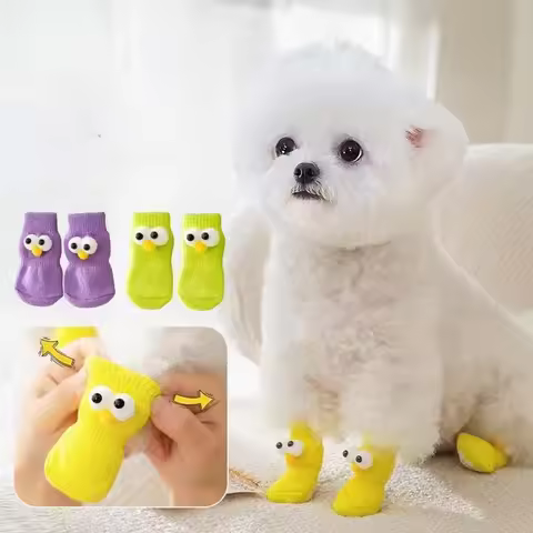 4Pcs Cute Big Eye Pet Dog Socks with Print Anti-Slip Cats Puppy Shoes Paw Protector Products for Sma