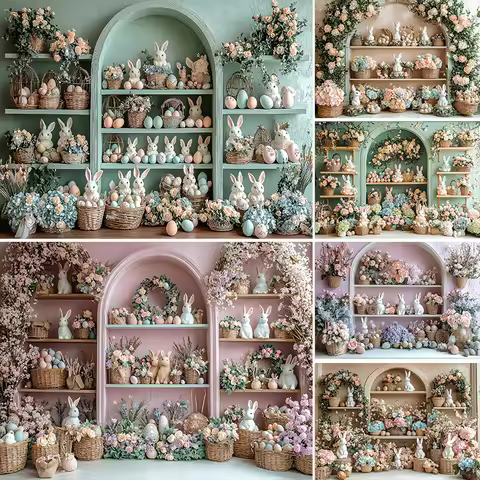 LS Spring Easter Shop Photography Background Bunny Egg Store Flower Backdrop Decor Kid Birthday Baby