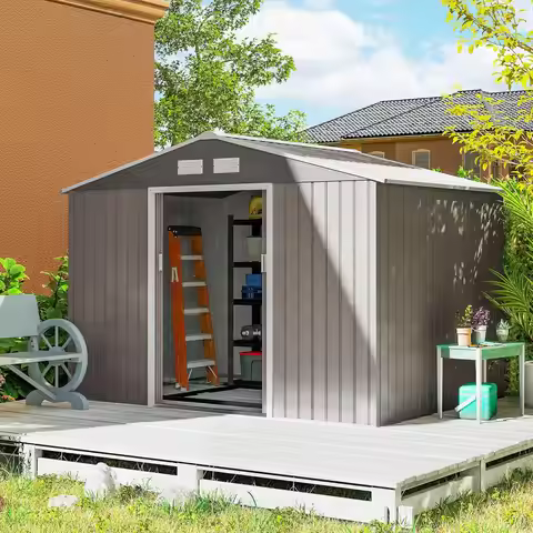 9x6ft Metal Outdoor Storage Shed Tool House Double Lockable Door Air Vents Sloping Roof Backyard Pat