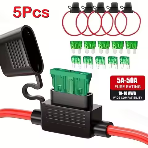 5Pcs Car Inline Fuse Holder With 5-50A Standard/Mini Fuses 10/12/14/16/18AWG Cable for Motorcycle Bo