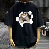 2024 New Quality Cotton Men's Short Sleeve Round Neck Casual Top Cute Cat Printed T-shirt Simple Whi