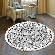 codHand Woven Cotton Linen Carpet Retro Bohemian Round Bedside Geometric Floor Mat Living Room Home 
