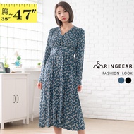 Fresh Elegant Chest Pleated Buttoned Waist Elastic Floral V-Neck Long-Sleeved Dress (Black.blue XL-3