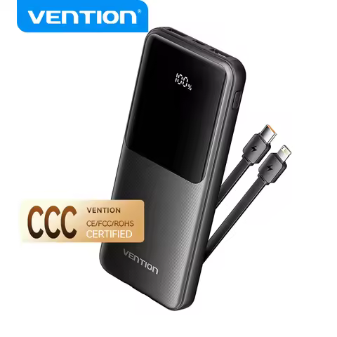 Vention CCC 22.5w 10000mAh Power Bank Built-in USB-C Cable Portable Fast Charger for iPhone Spare Ba