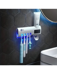 1入配備智慧型紫外線牙刷消毒器、紫外線消毒牙刷架、自動擠牙膏器、無須打孔掛牙刷架