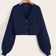 Women's Fashion Navy Blue Crop Cardigan Casual V Neck Bishop Sleeve Button Front Knit Material Navy 