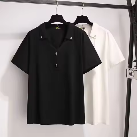 150Kg Plus Size Women's Bust 157 Summer Loose V-Neck Polo Shirt Short-Sleeved T-Shirt Black Beige 5X