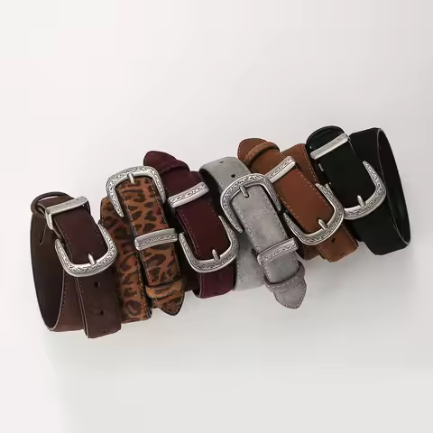 Womens Western Cowboy Belts Floral Engraved Engraved Buckle Vintage Suede Leather Belt Adjustable Gi