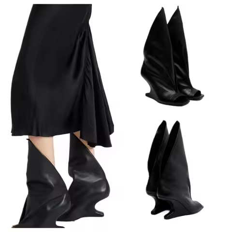 European AndAmerican Niche Designwith Unique Sloping Heeland Sexyexposed ToeV-mouth Cool Boots for W