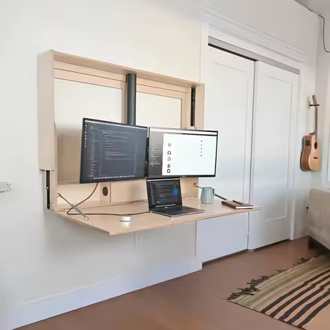 Extra Wide Wall Mount Electric Sit-Stand Murphy Desk Dual Monitor Fold Out Workstation Fit Two 27in 