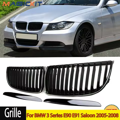 MagicKit Radiator Grilles For BMW 3 Series E90 E91 Saloon 2005-2008 Gloss Black Front Kidney Grill A