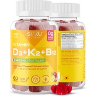 SUKU Vegan D3 + K2 + B12 Gummies – 1000 IU Vitamin D3, Methylated B12 & K2 MK7 – Sugar-Free, Non-GMO