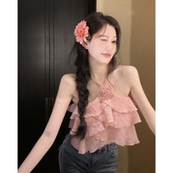 Pink vest for women Rose Halterneck vest women Summer Sweet Spicy Ruffled croptop for women