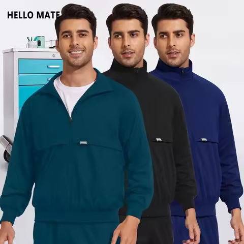 Unisex Azure Blue Black Long Sleeve Coat Hospital Nurse Uniform Lab Pharmacy Work Jacket Doctor Scru