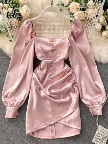 New Spring Autumn Women's Satin Dress Retro Black Pink White Square Neck Long Sleeve Mini Dress for 